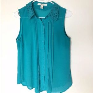 XXI Teal Blue Sleeveless LACE COLLAR BLOUSE Shirt